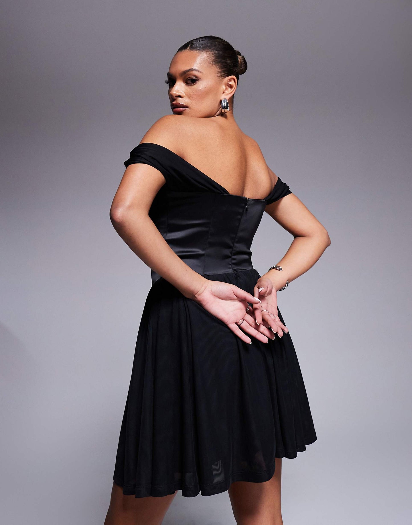 Fuller Bust Savannah Satin And Mesh Mini Corset Dress With Off Shoulder Detail