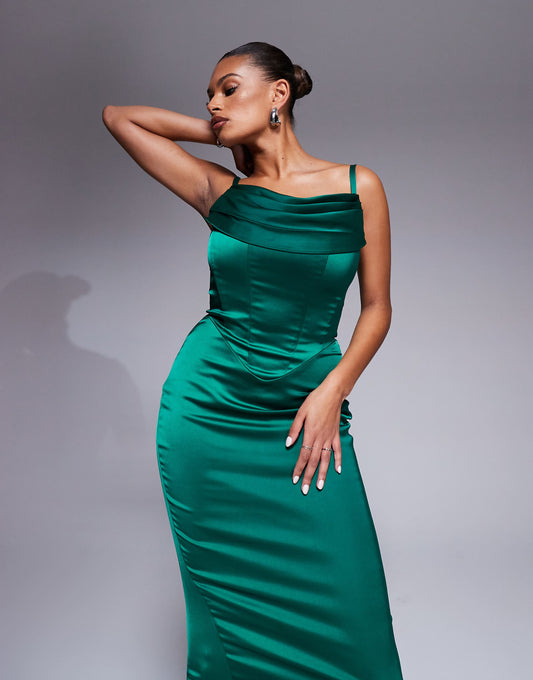 Fuller Bust Carmen Satin Midaxi Boned Corset Dress