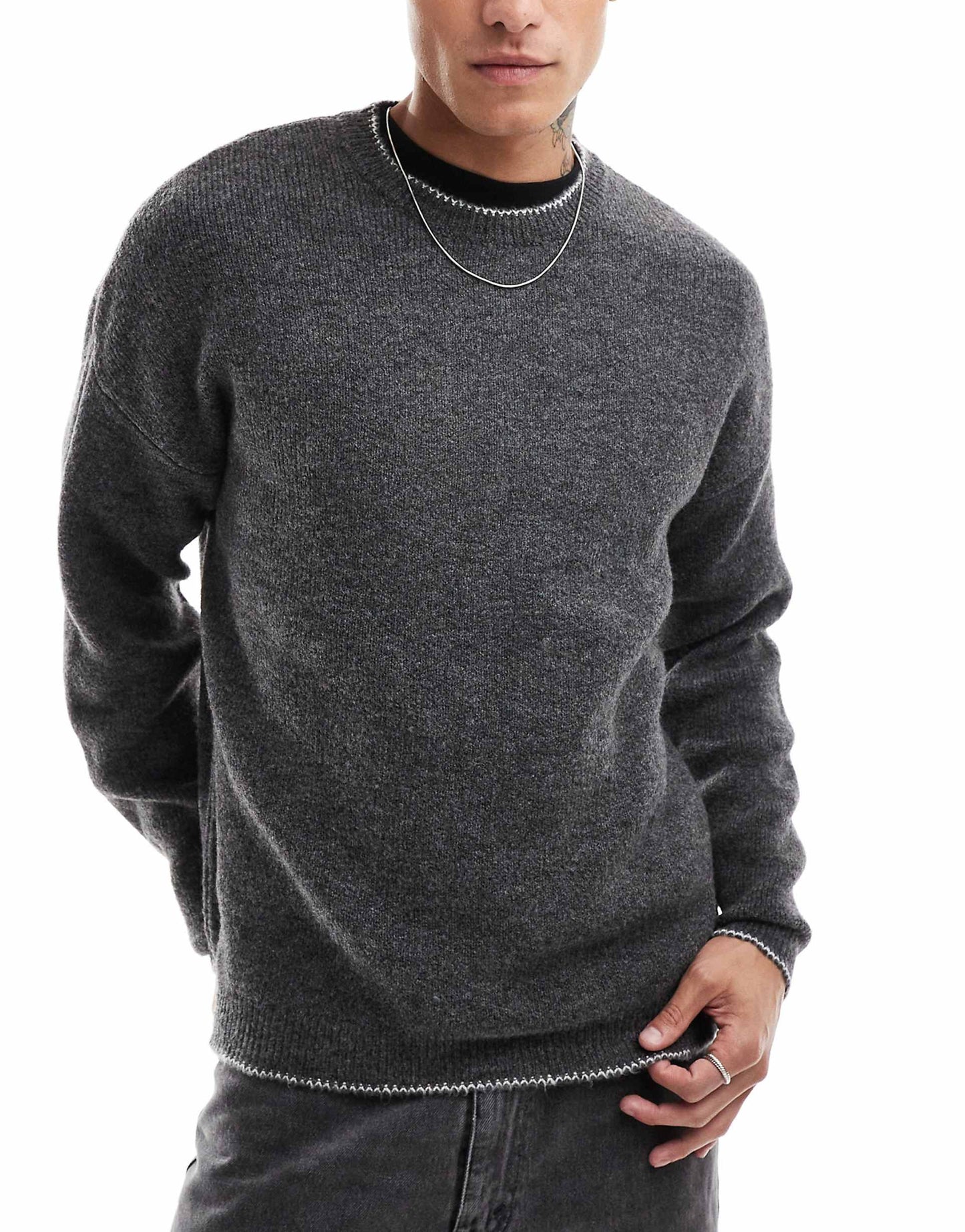 Knitted Relaxed Crew Neck Jumper With Blanket Stitch