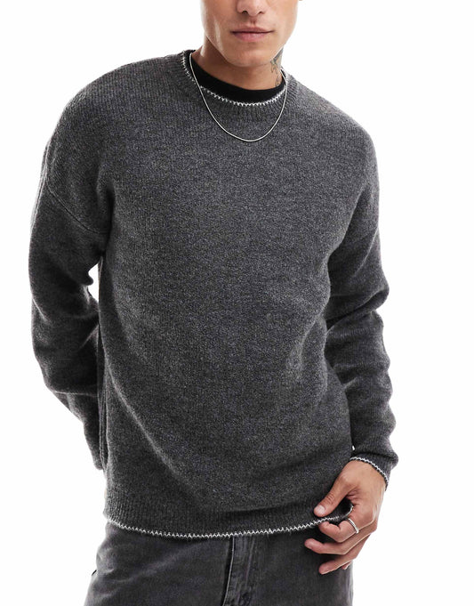 Knitted Relaxed Crew Neck Jumper With Blanket Stitch
