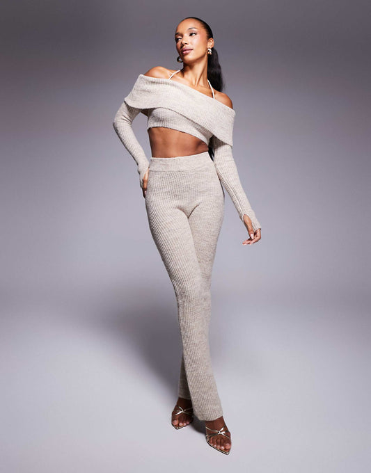 Carrie Knitted Bardot Crop Top And Trousers Set