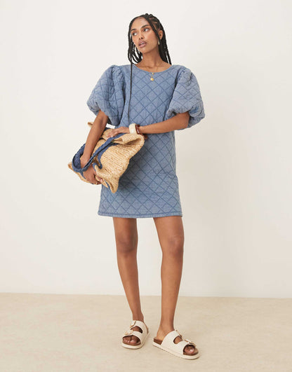 Quilted Puff Sleeve Mini Dress