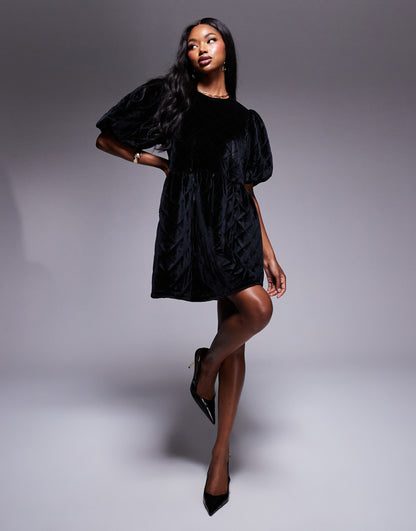 Quilted Velvet Puff Sleeve Smock Mini Dress