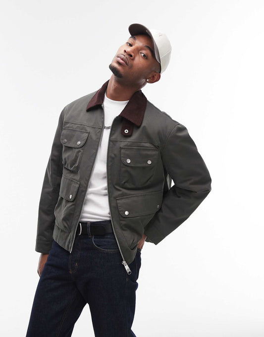 Wax Look Jacket With Cord Collar