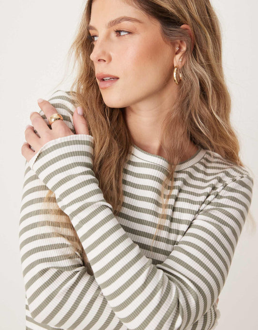 Femme Long Sleeve Ribbed Green White Stripe