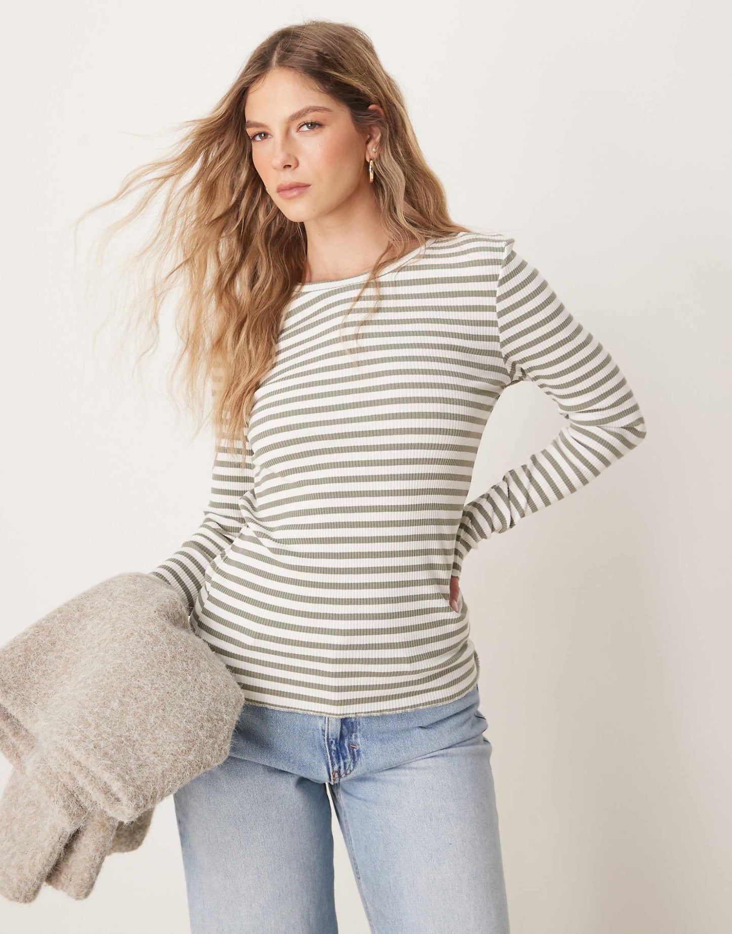 Femme Long Sleeve Ribbed Green White Stripe