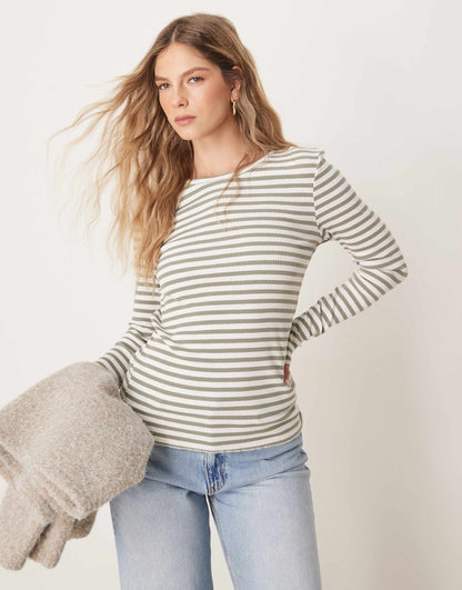 Femme Long Sleeve Ribbed Green White Stripe