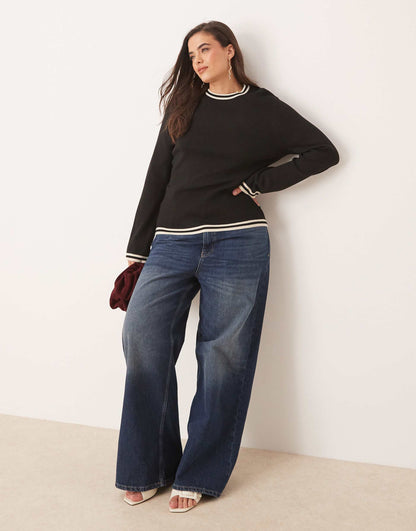 Curve Contrast Knit Long Sleeve Top