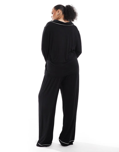 Curve Super Soft Long Sleeve Shirt & Trouser Pyjama Set With Contrast Piping