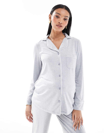 Maternity Super Soft Long Sleeve Shirt & Trouser Pyjama Set With Contrast Piping