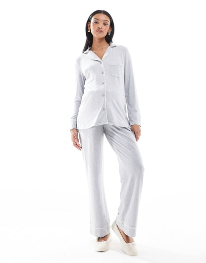 Maternity Super Soft Long Sleeve Shirt & Trouser Pyjama Set With Contrast Piping