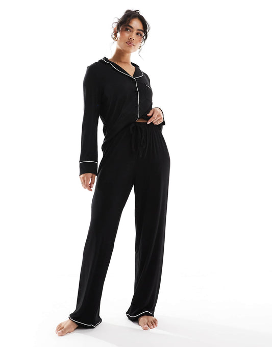 Super Soft Long Sleeve Shirt & Trouser Pyjama Set With Contrast Piping