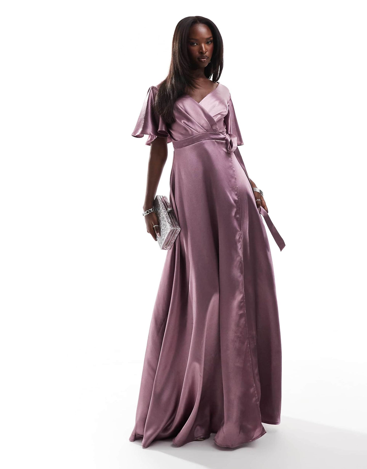 Flutter Sleeve Wrapover Satin Maxi Dress