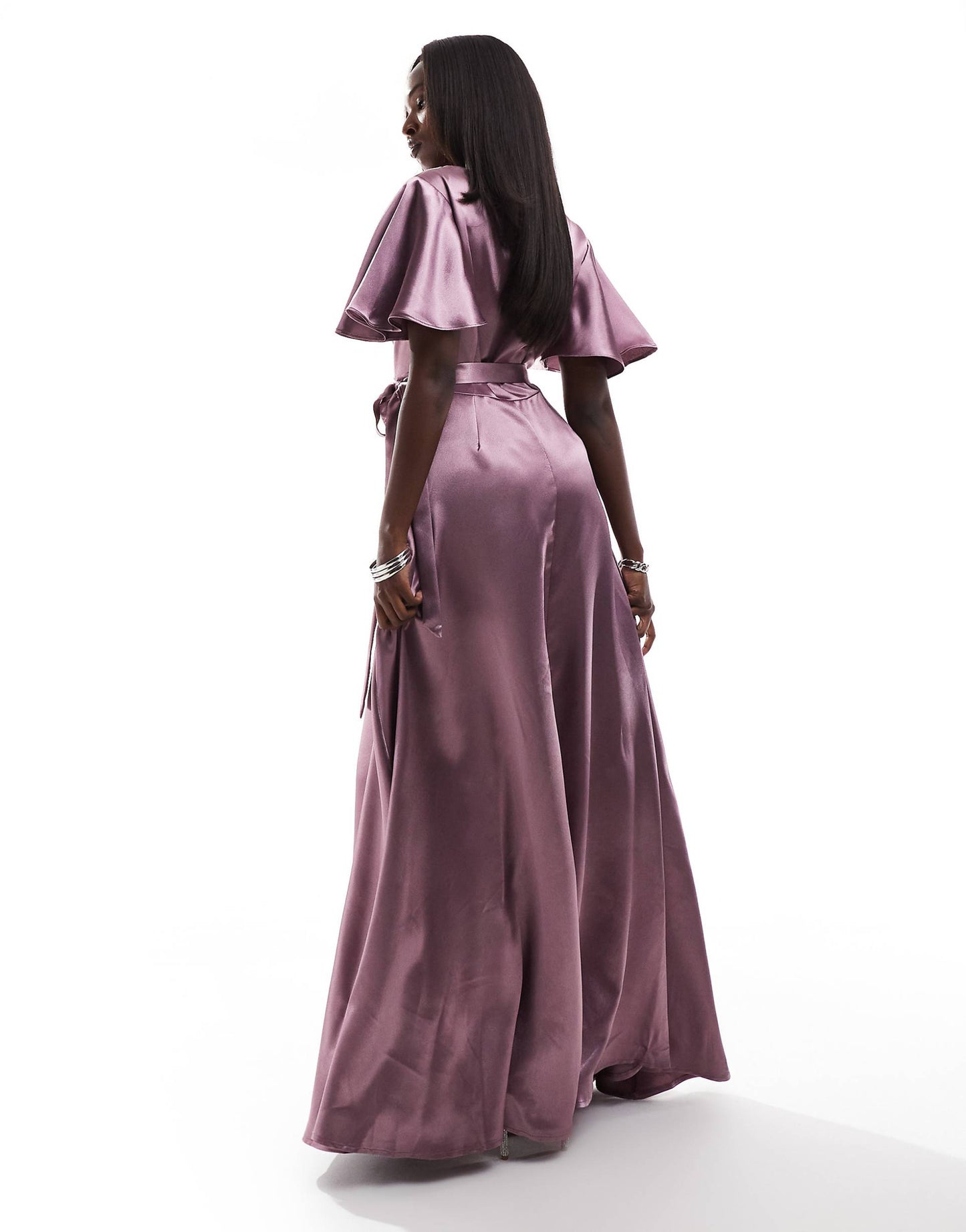 Flutter Sleeve Wrapover Satin Maxi Dress
