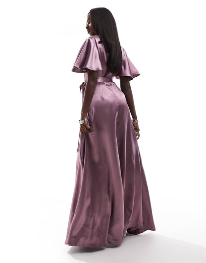 Flutter Sleeve Wrapover Satin Maxi Dress
