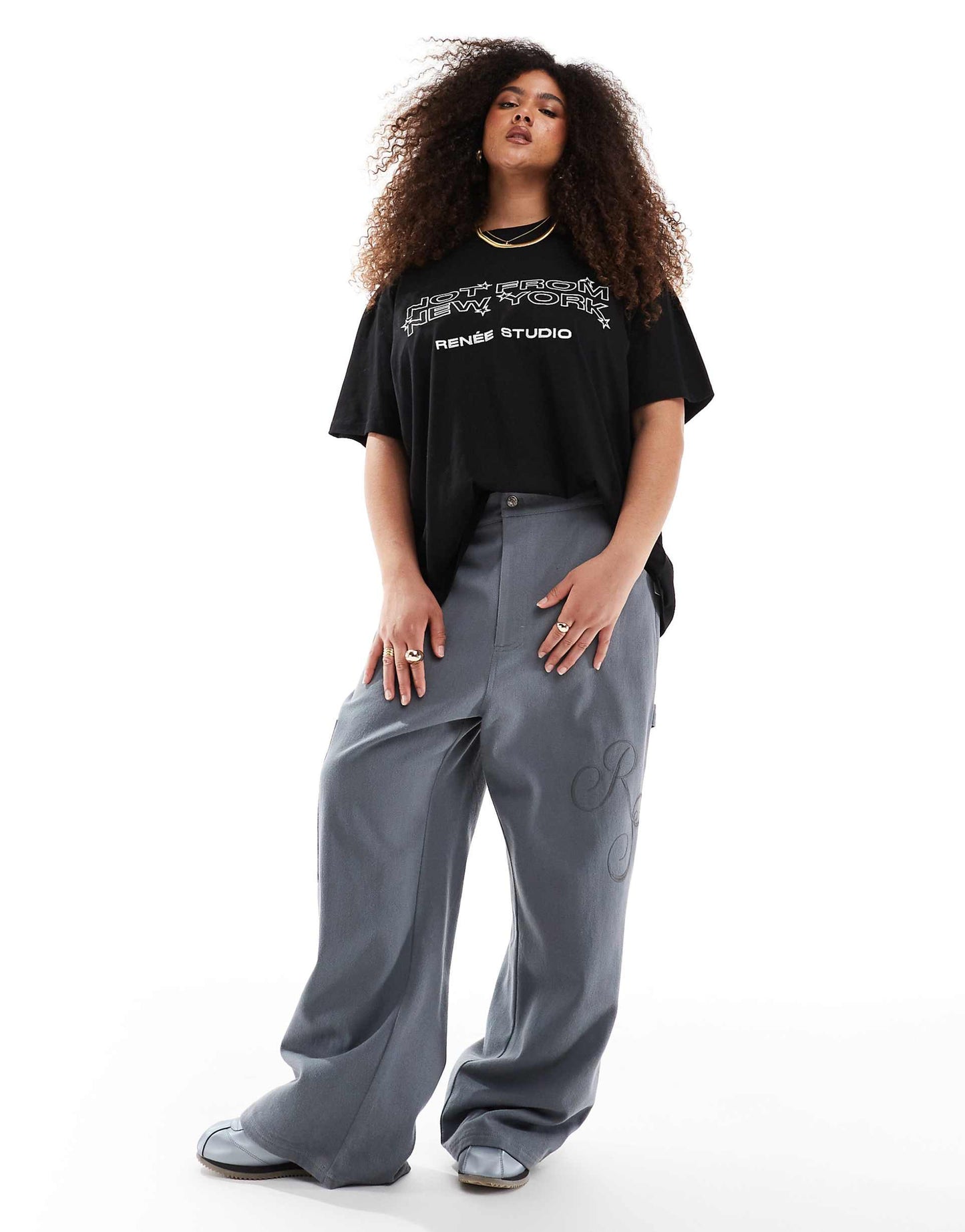 Exclusive High Waisted Logo Embroidered Wide Leg Trousers