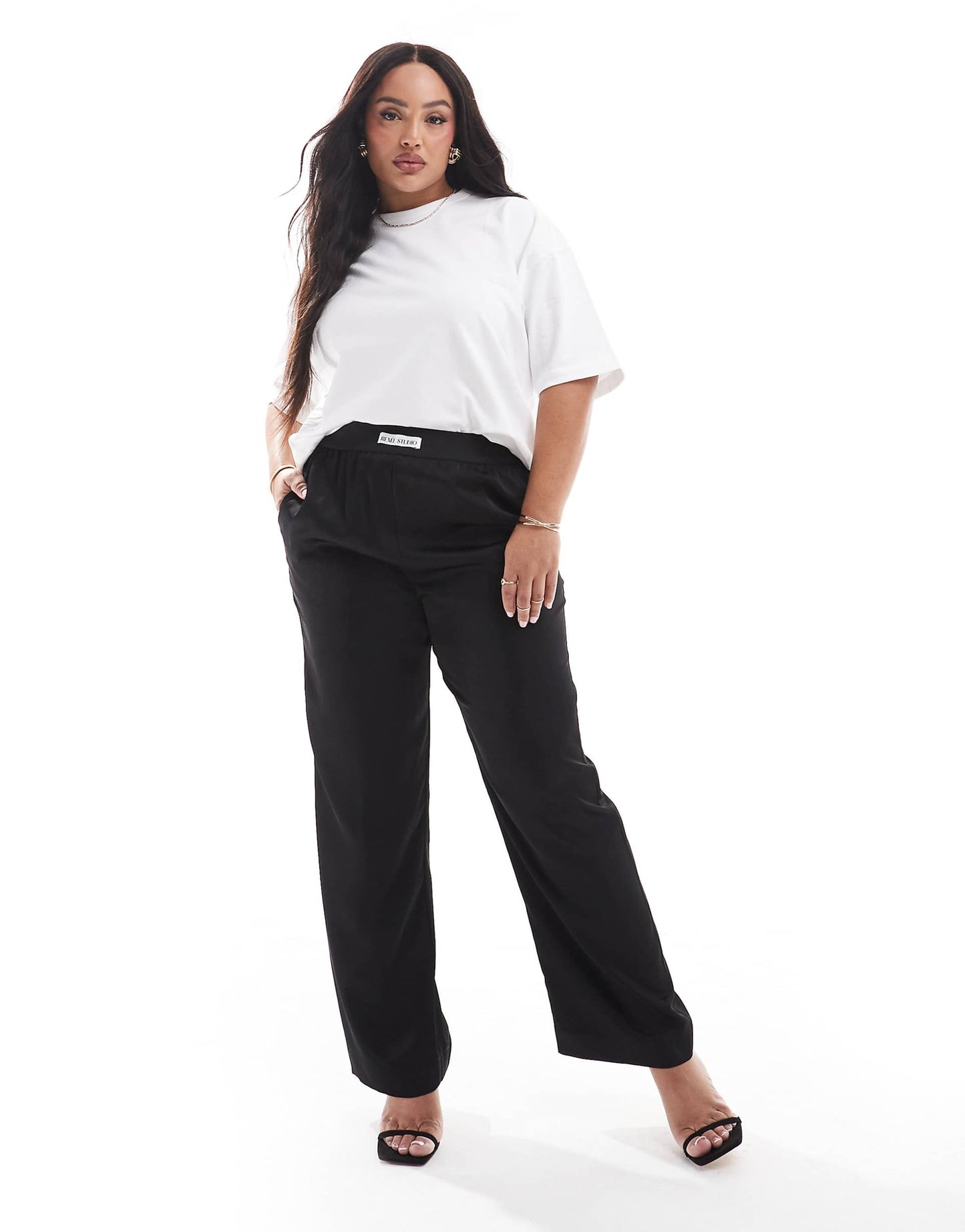 Exclusive Satin Wide Leg Logo Waistband Trousers