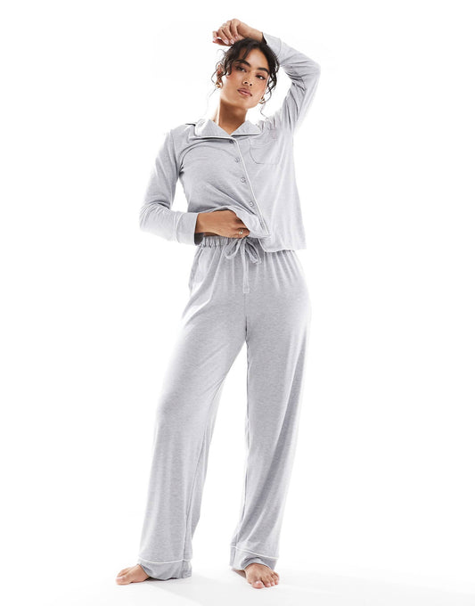 Super Soft Long Sleeve Shirt & Trouser Pyjama Set With Contrast Piping