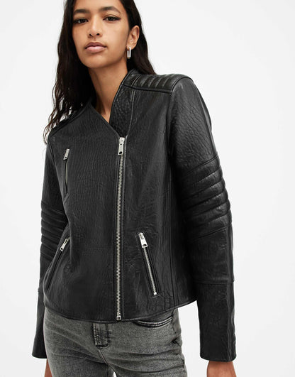 Crawley Collarless Leather Biker Jacket