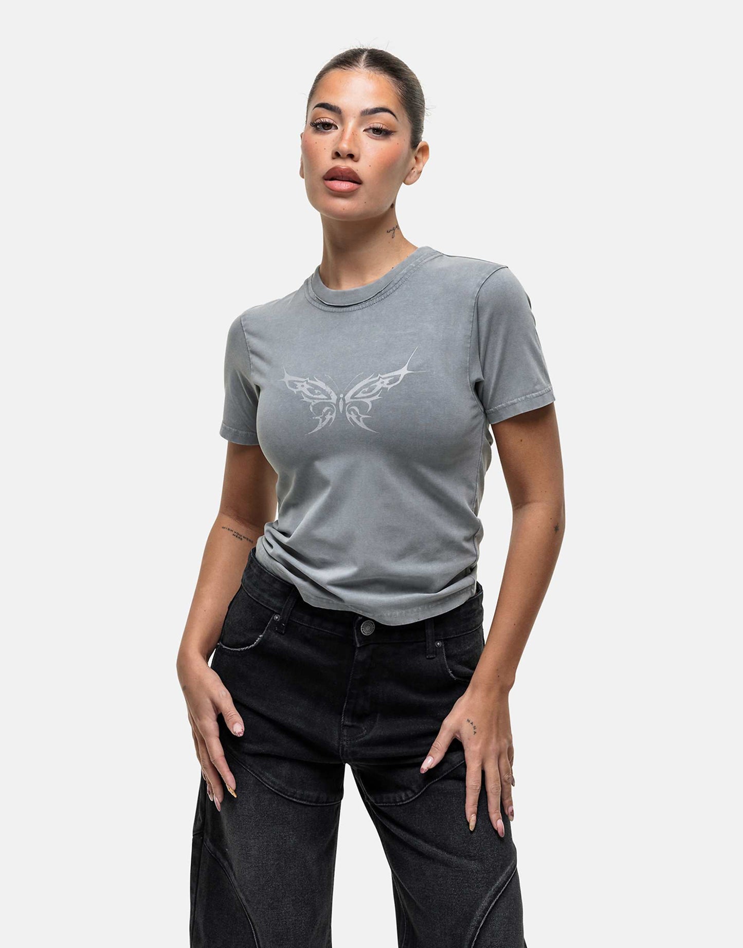 Baby Tee With Butterfly Grunge Print