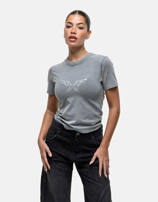 Baby Tee With Butterfly Grunge Print