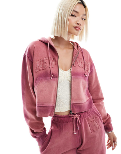 Pink Ombre Crop Hoodie With New York Logo Co-Ord