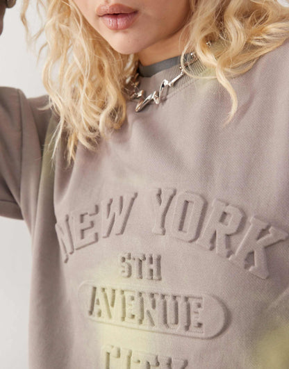 Rib Crew Neck Sweat With Embossed Text