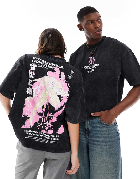 Unisex Boxy Oversized License T-Shirt With Hokusai Crane Prints