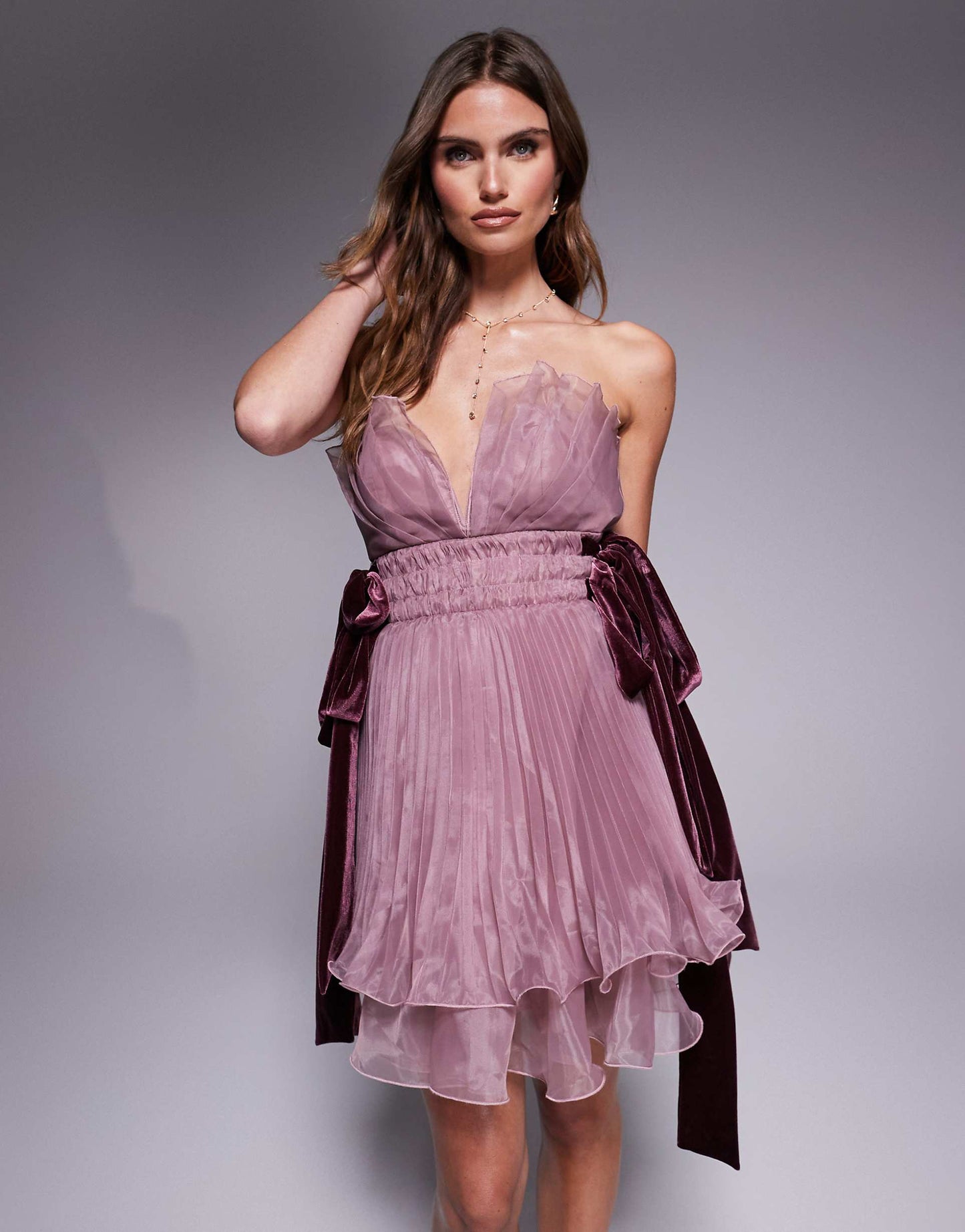 Pleated Organza Bandeau Mini Dress With Bow Ties