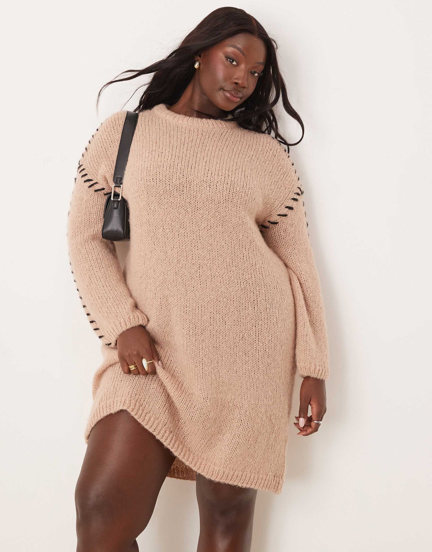 Curve Knitted Jumper Mini Dress With Contrast Stitch