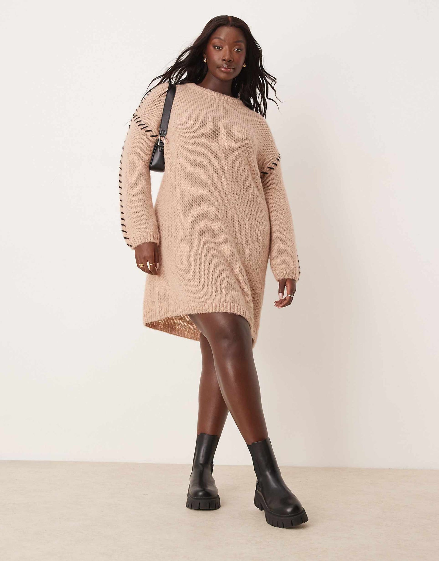 Curve Knitted Jumper Mini Dress With Contrast Stitch