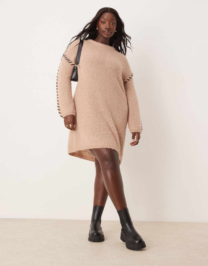 Curve Knitted Jumper Mini Dress With Contrast Stitch