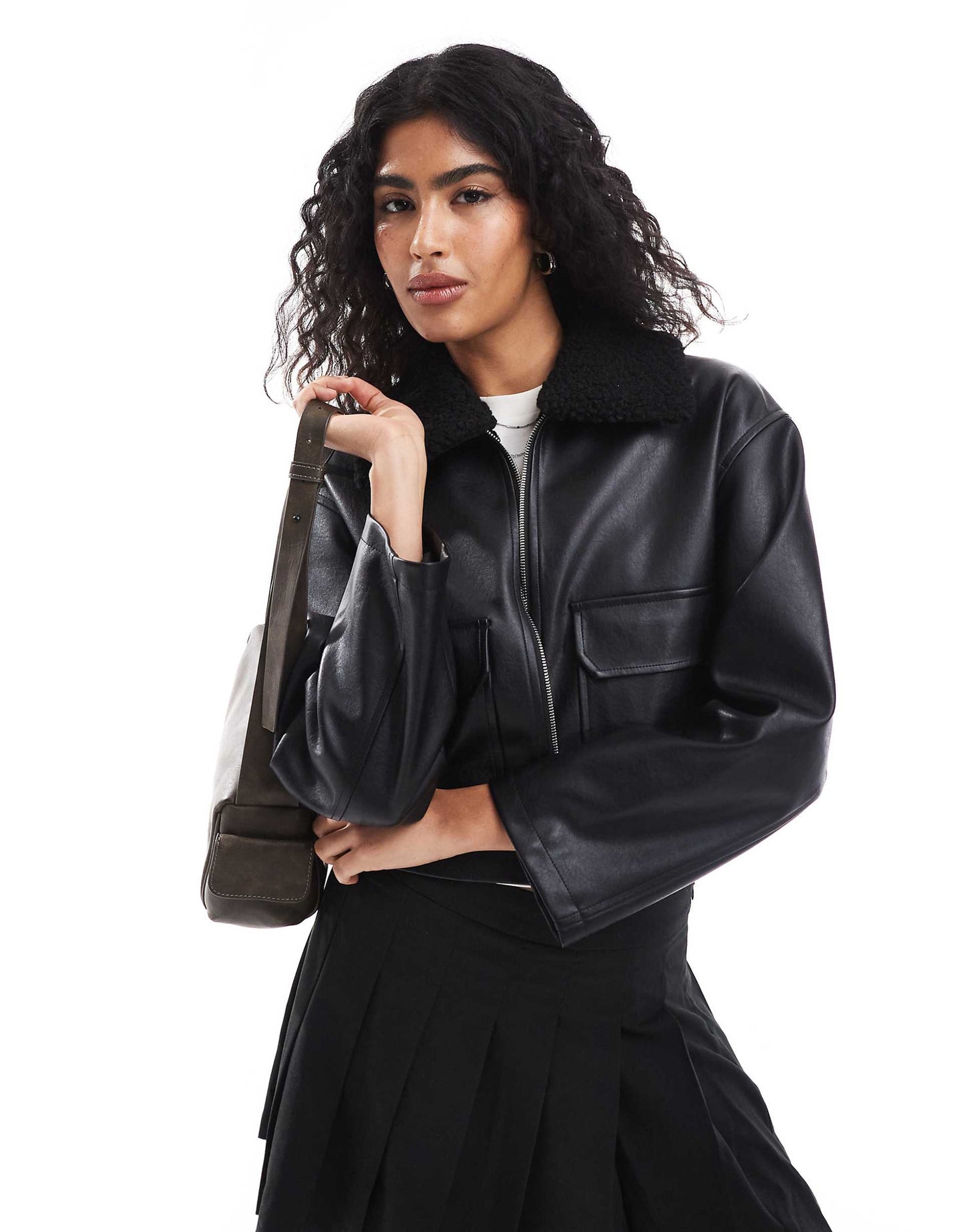 Faux Leather Jacket With Contrast Collar
