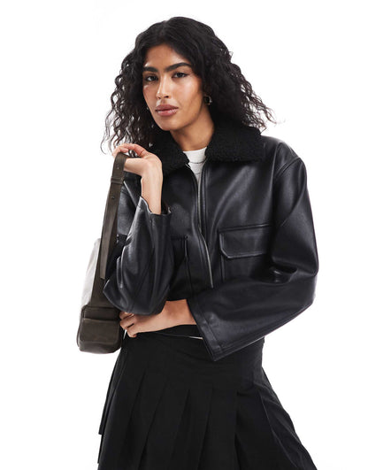 Faux Leather Jacket With Contrast Collar