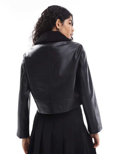 Faux Leather Jacket With Contrast Collar