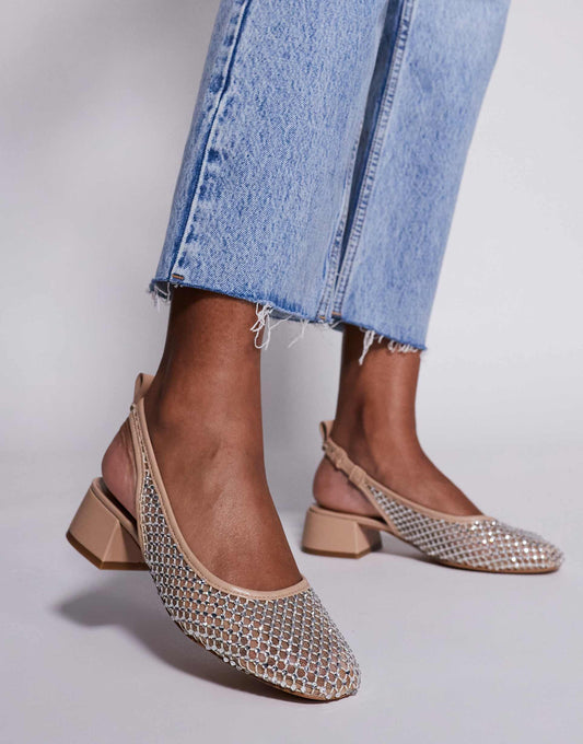 Smitten Rhinestone Embellished Mesh Block Heels