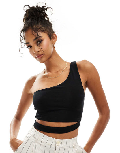 Double Layer Slinky One Shoulder Crop Top With Waist Cut Out