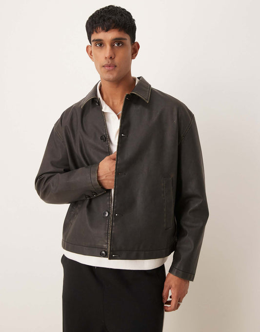 Faux Leather Boxy Harrington Jacket