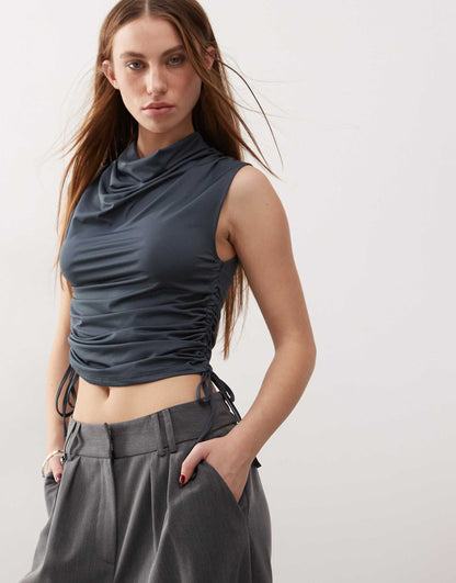 Cowling Drape Detail Slinky Tank Top With Ruched Side Slate Grey