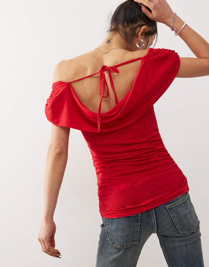 Off Shoulder Scoop Detail Top Red