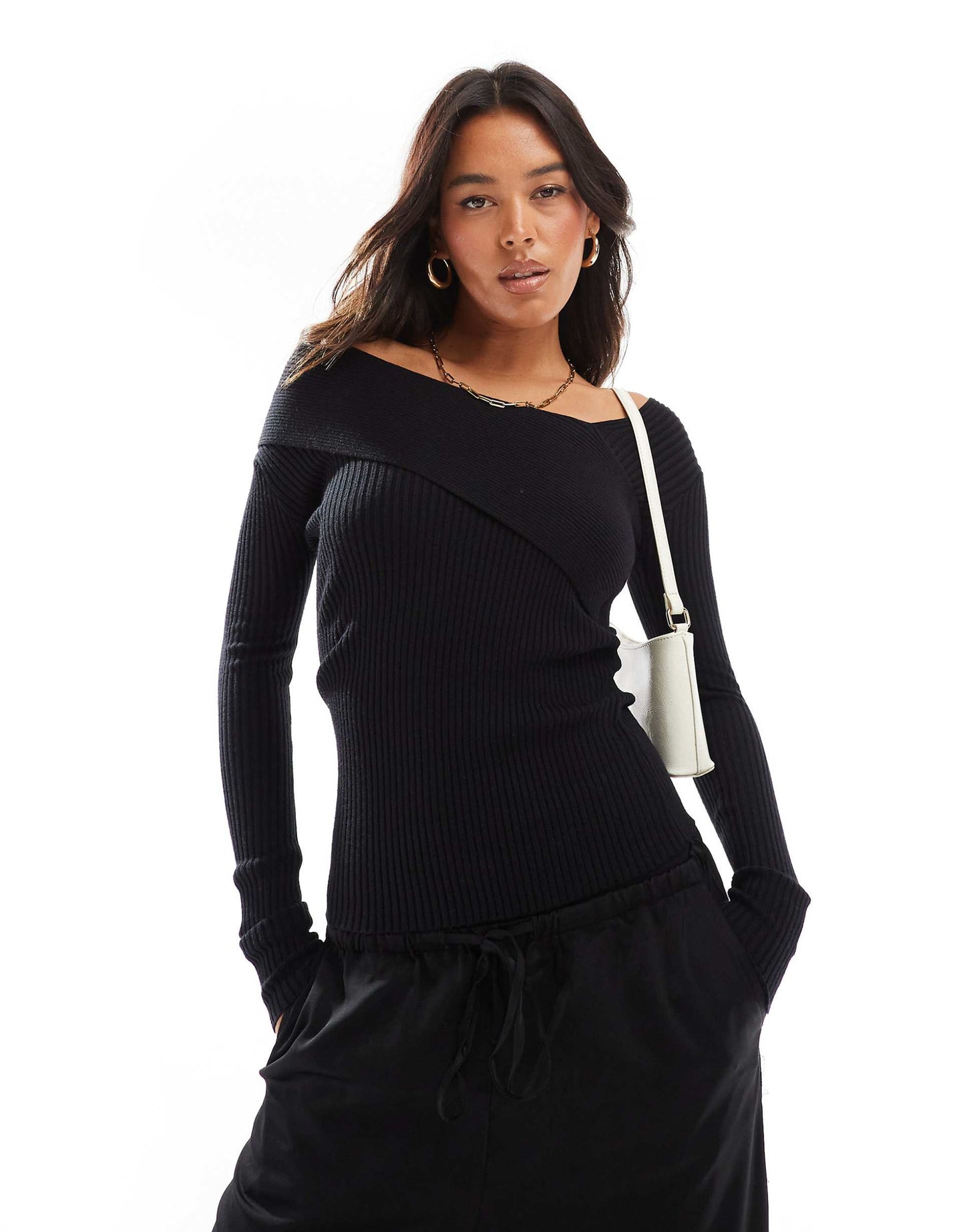 Asymmetric Rib Knit Bardot Top