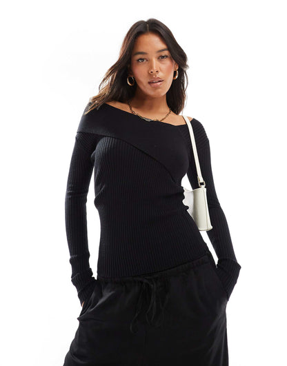 Asymmetric Rib Knit Bardot Top