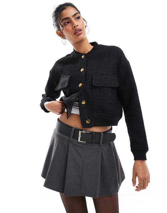 Boucle Textured Button Up Bomber Jacket