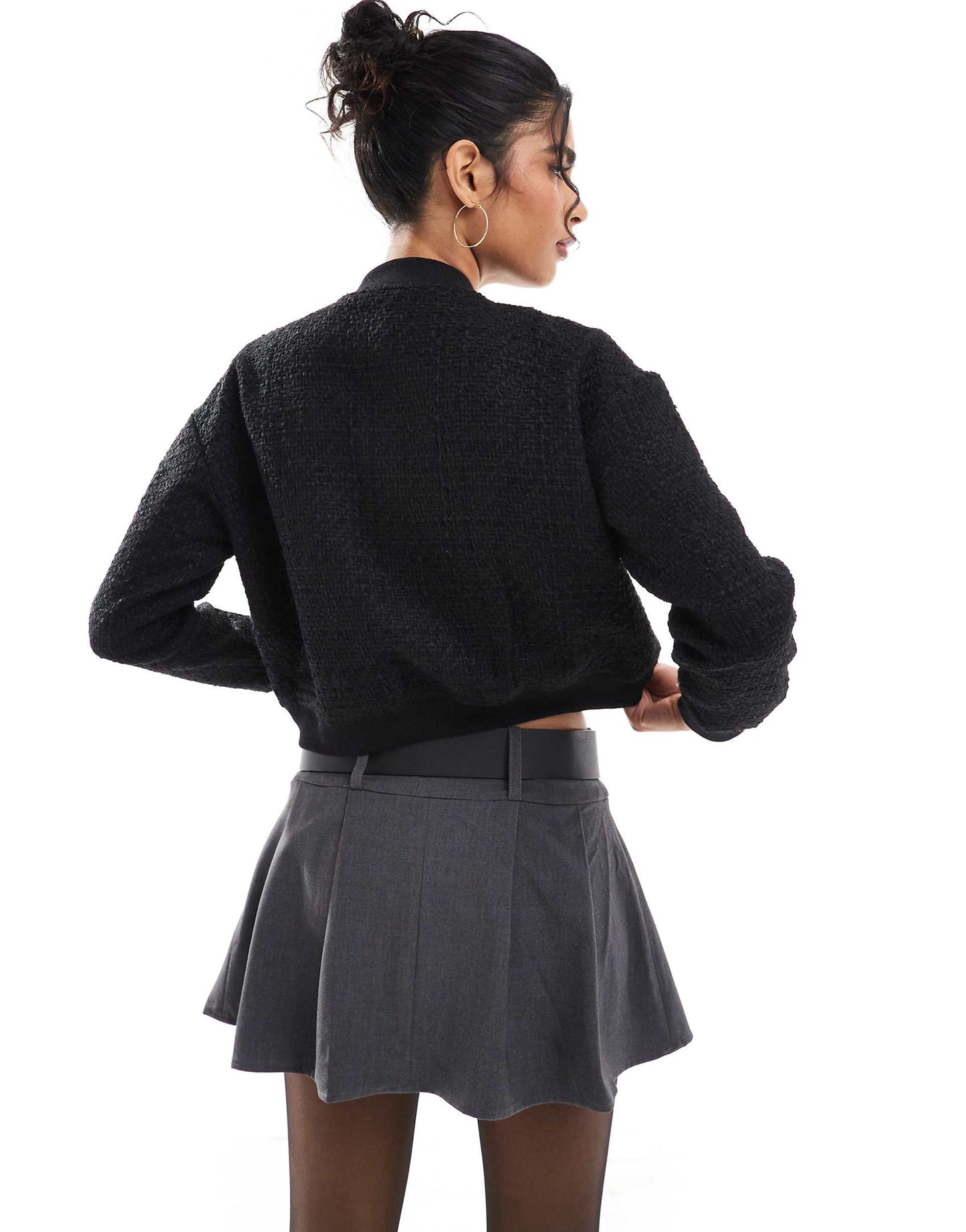Boucle Textured Button Up Bomber Jacket