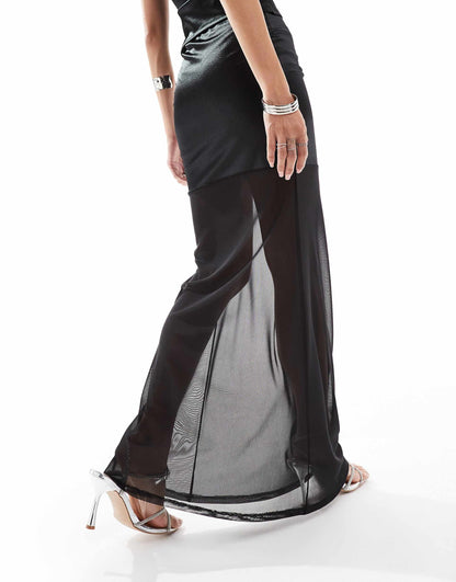 Co-Ord Stretch Satin Maxi Skirt With Sheer Mesh Hem