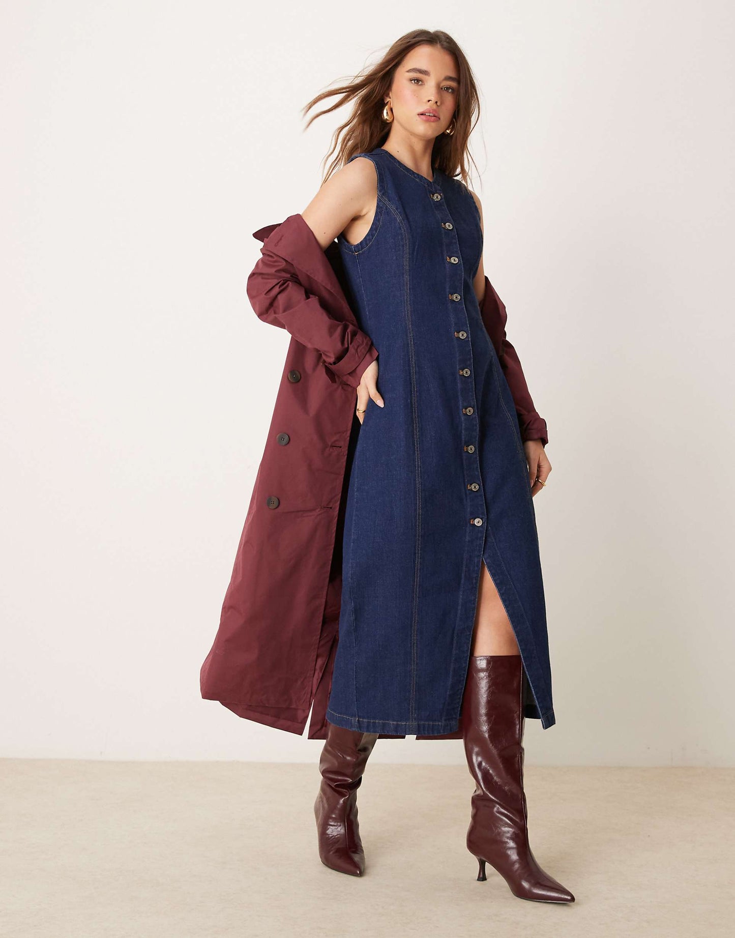 Denim Button Through Sleeveless Midi Dress