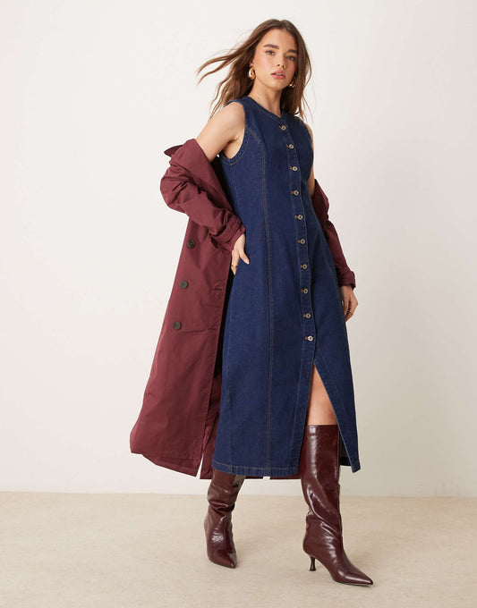 Denim Button Through Sleeveless Midi Dress