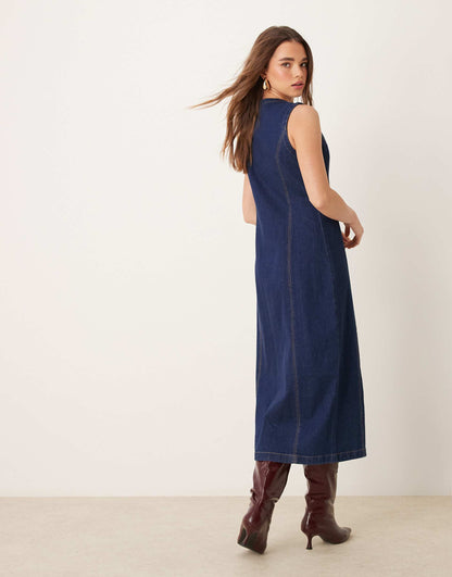 Denim Button Through Sleeveless Midi Dress