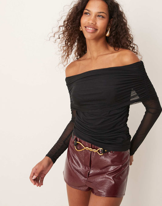 Mesh Off Shoulder Long Sleeve Top