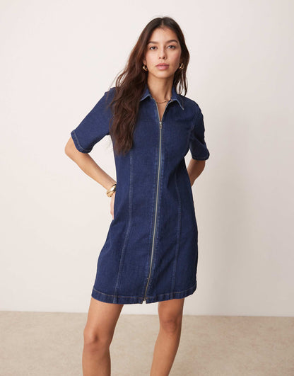 Denim Zip Detail Mini Aline Skater Dress